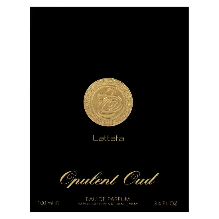Lattafa Opulent Oud EDP 100ml black bottle with gold cap and black box
