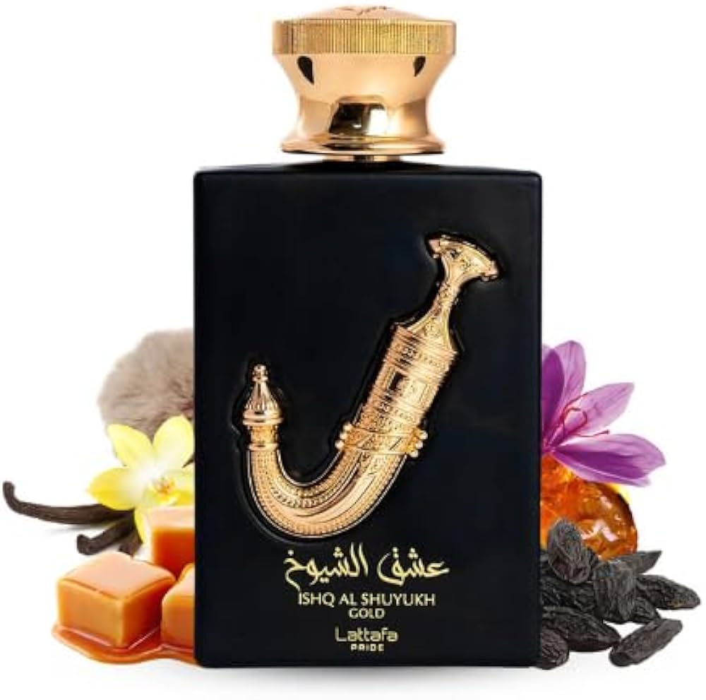 Lattafa Pride Ishq Al Shuyukh Gold EDP 100ml perfume bottle and black box with gold dagger emblem
