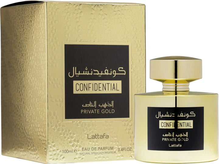 Lattafa Confidential Private Gold EDP 100ml perfume bottle and box
