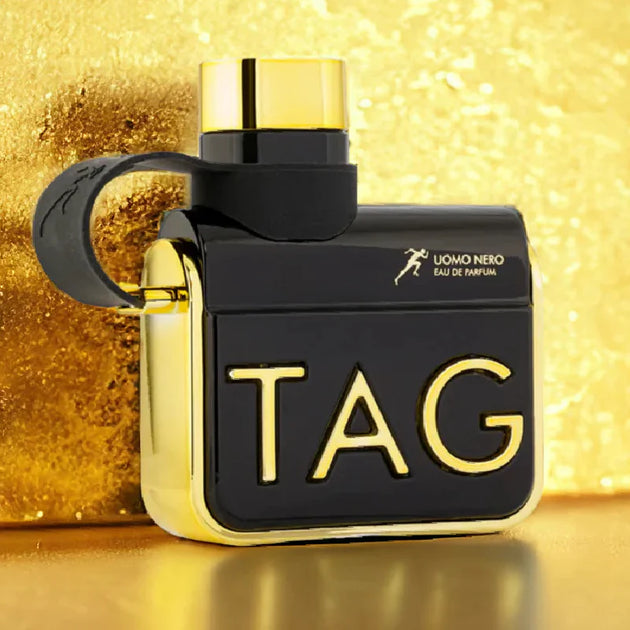 TAG Uomo Nero Eau de Parfum bottle in black and gold packaging
