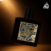 Lattafa Qaed Al Fursan EDP 90ml black bottle with gold label and black box featuring a gold horse logo on white background
