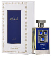 Lattafa Pride Blue Sapphire EDP 100ml perfume bottle with blue front panel and blue gem details, white box
