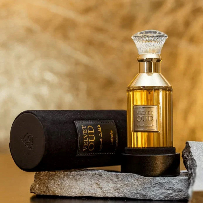 Lattafa Velvet Oud Eau de Parfum perfume bottle with cylinder box (rich warm oud amber fragrance)
