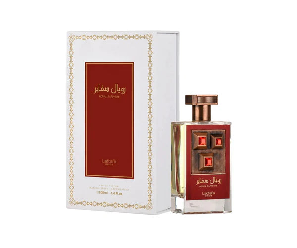 Lattafa Pride Royal Sapphire EDP 100ml perfume bottle with red front panel and gemstone design, next to white box packaging
