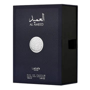 Lattafa Pride Al Ameed EDP 100ml dark blue bottle with silver textured cap and matching box

