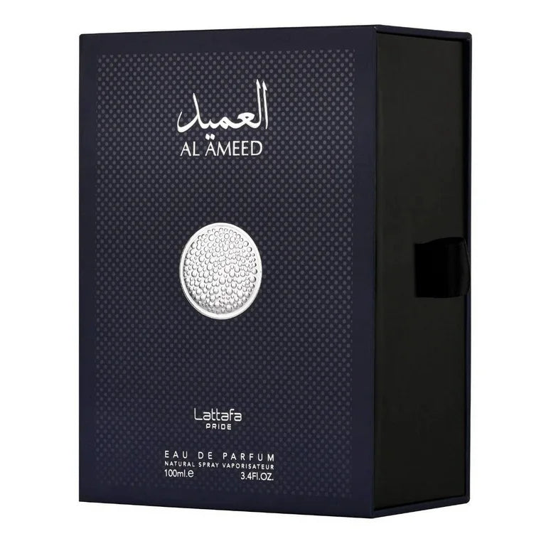 Lattafa Pride Al Ameed EDP 100ml dark blue bottle with silver textured cap and matching box
