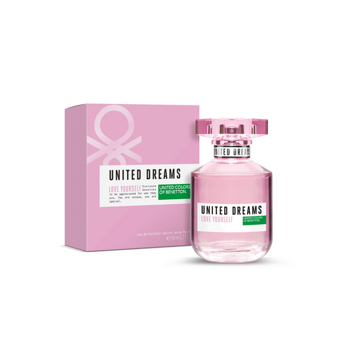 United Dreams Love Yourself EDT 80ml women's fragrance bottle with box on white background
