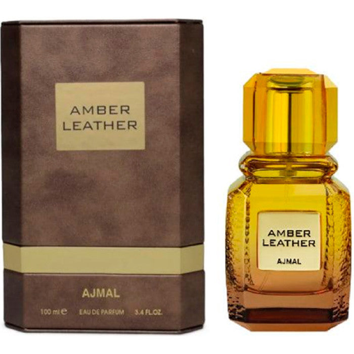 Ajmal Amber Leather Eau de Parfum şüşə və qutusu – kəhrəba və dəri notlu premium ətir
