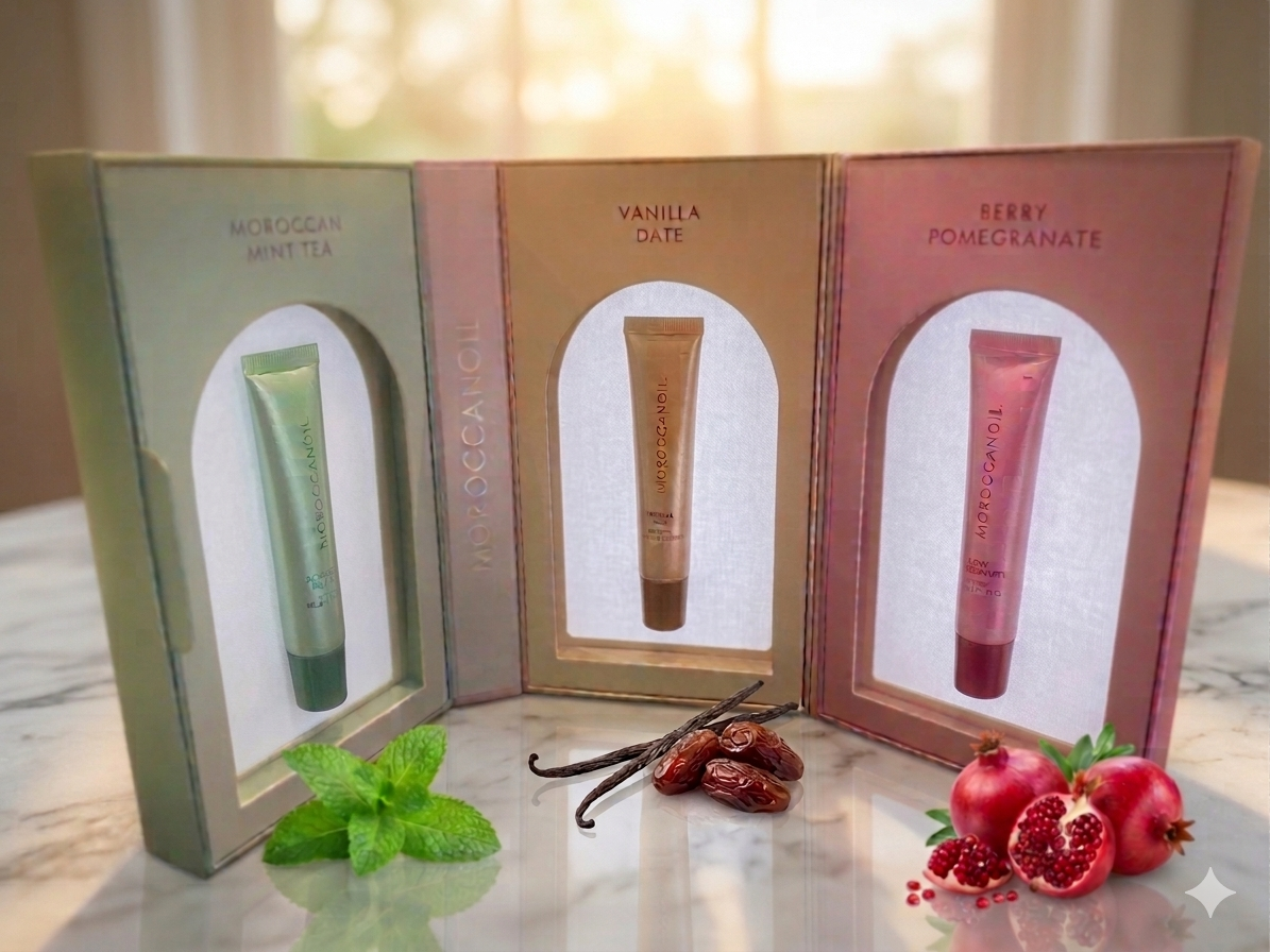 Moroccanoil Lip Balm Trio Set with Berry Pomegranate, Vanilla Date and Moroccan Mint Tea