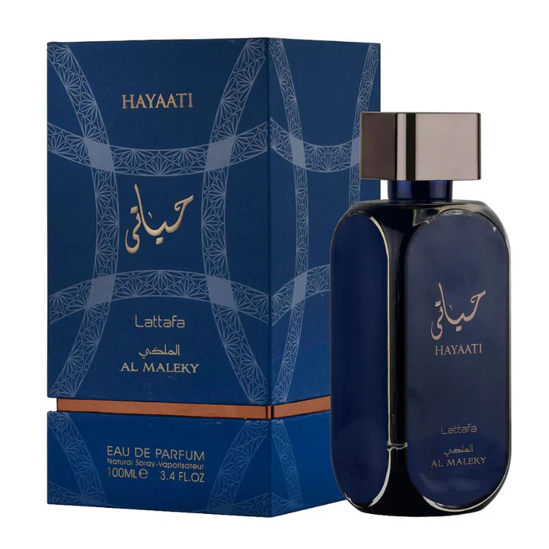 Lattafa Hayaati Al Maleky EDP 100ml perfume bottle and box
