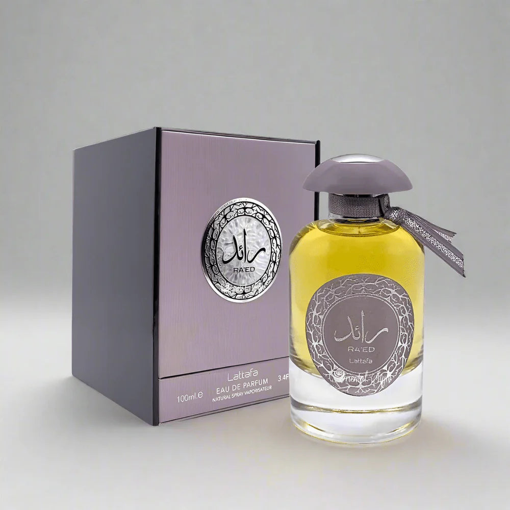 Lattafa Ra'ed EDP 100ml perfume bottle and box in grey-lilac design on white background
