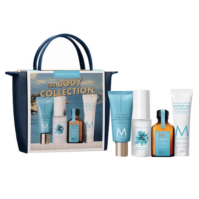 Moroccanoil The Body Collection Set saç yağı, bədən spreyi, əl kremi və duş geli ilə premium hədiyyə dəsti
