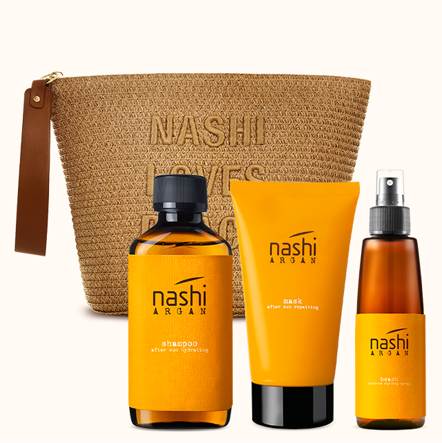 Nashi Argan Beach Set yay saç baxımı dəsti, şampun, maska, Beach Defence Styling Spray və Nashi Loves You çanta ilə