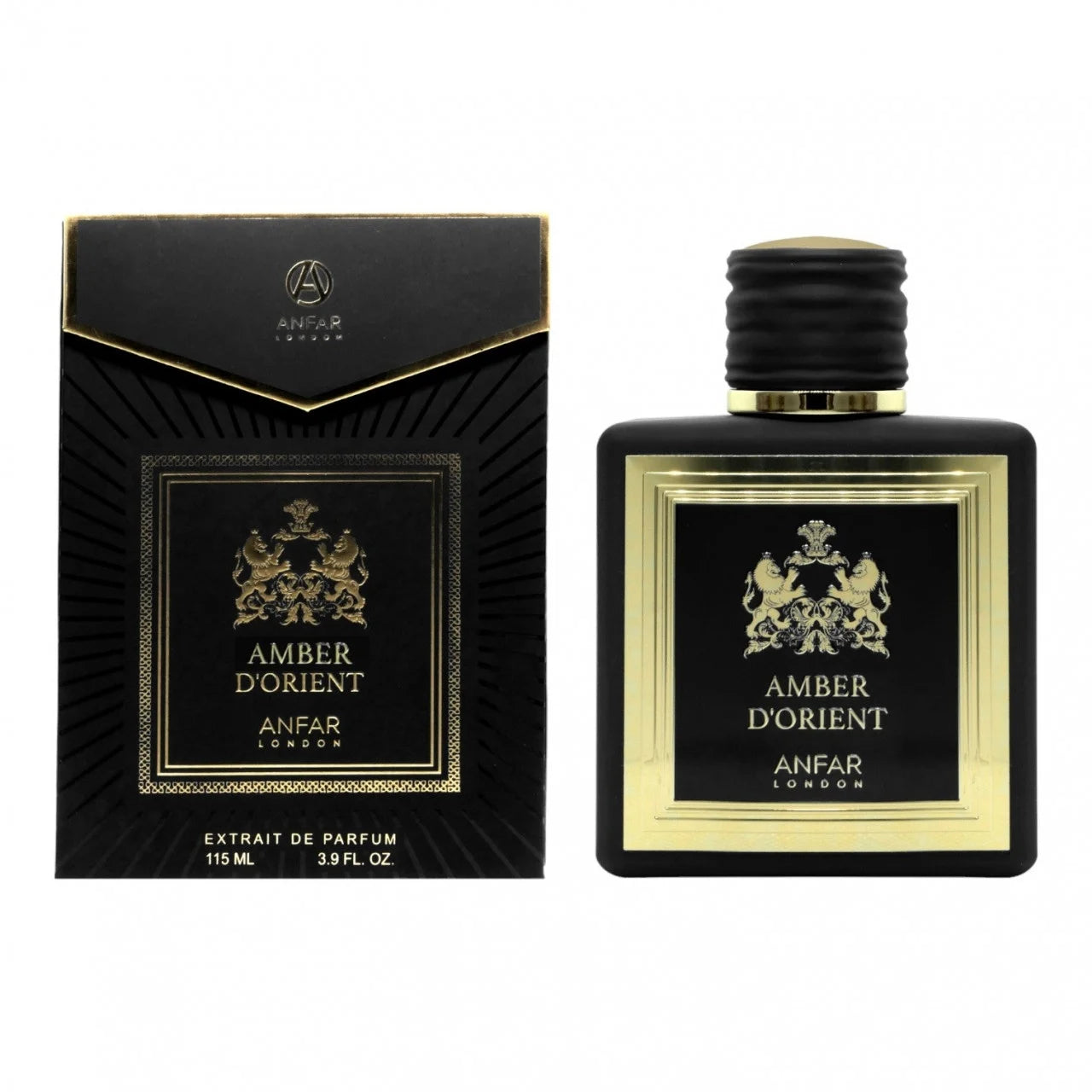 Anfar London Amber D’Orient Extrait de Parfum 115 ml bottle and box (black and gold packaging)
