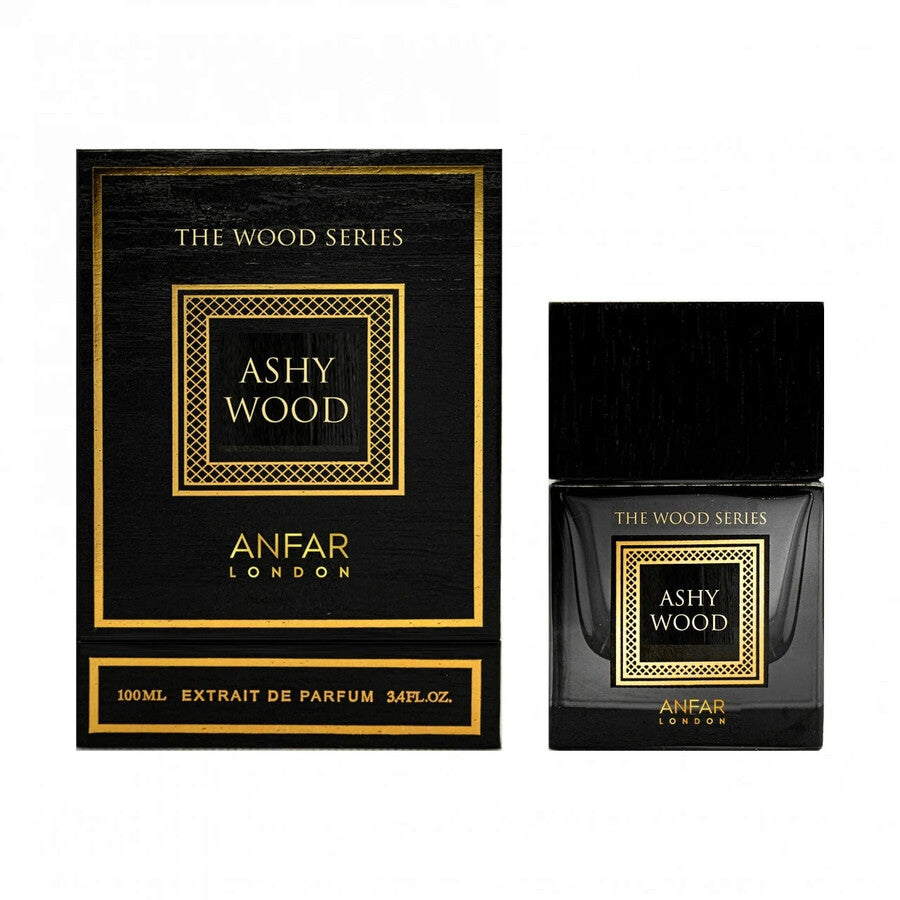 Anfar London Ashy Wood Extrait de Parfum 100 ml bottle and box (The Wood Series, black and gold)
