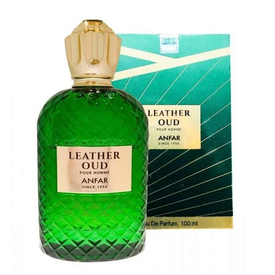 Anfar Leather Oud Pour Homme EDP 100ml green perfume bottle and box
