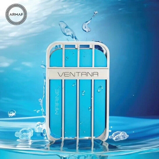 Armaf Ventana Marine Eau de Parfum 100ml bottle in blue aquatic theme with water splashes
