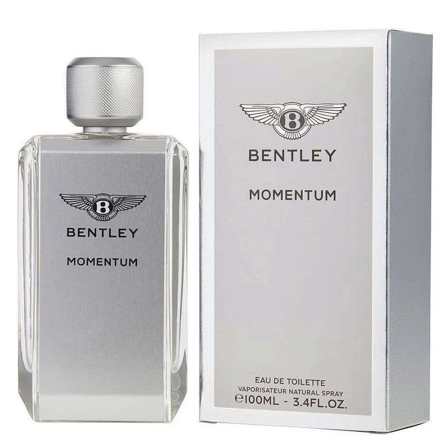 Bentley Momentum EDT 100ml men's fragrance bottle with box on white background