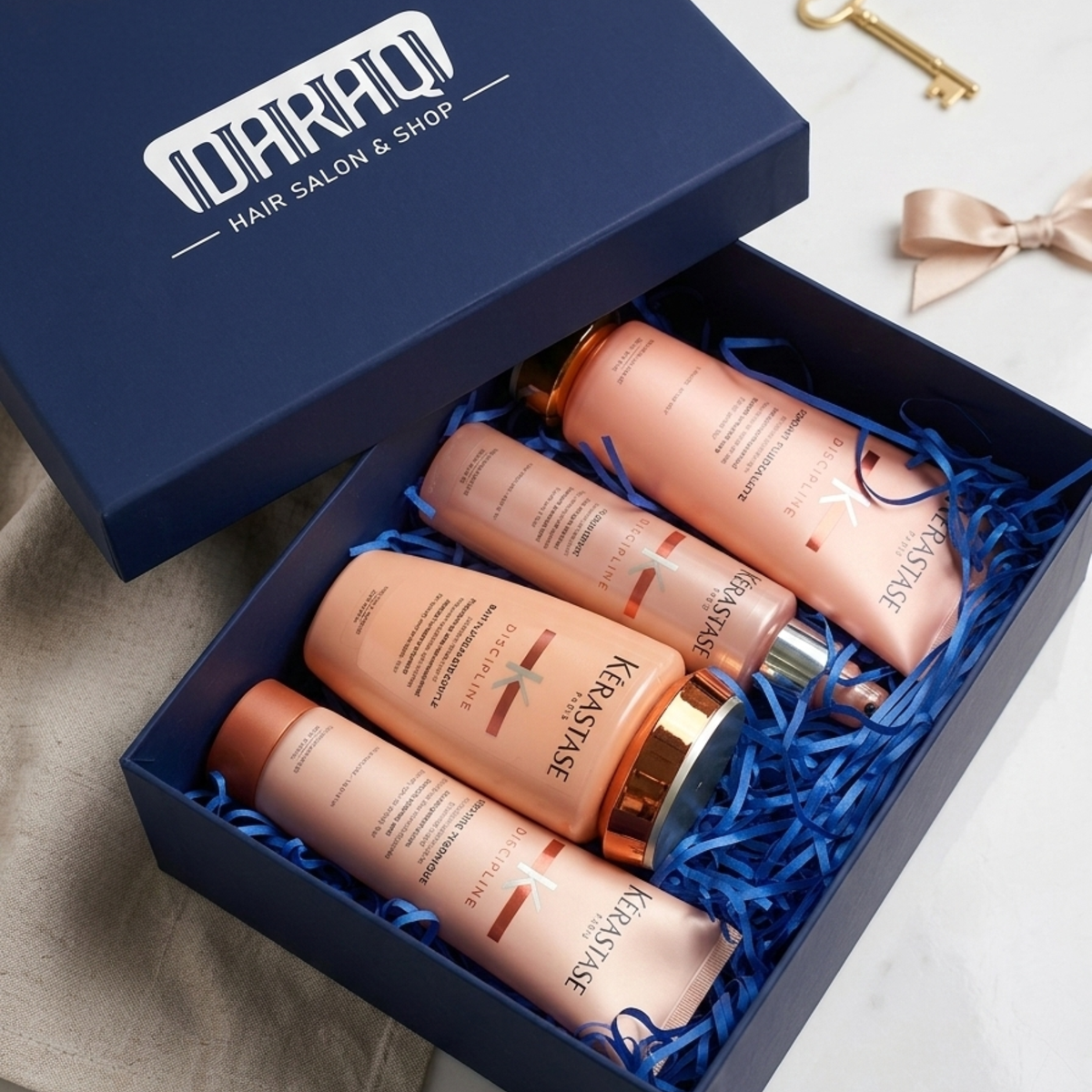 Customizable hair care gift set with Kérastase Discipline products in premium blue gift box