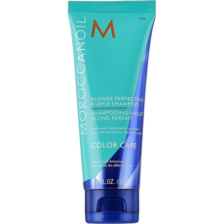Moroccanoil Blonde Perfecting Purple Shampoo 70 ml – sarı tonları neytrallaşdıran və parlaqlıq verən şampun
