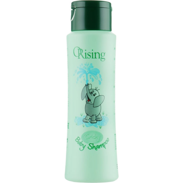 ORising Tricchy Baby Shampoo – uşaqlar üçün yumşaq şampun şüşəsi, yaşıl qab və fil təsviri
