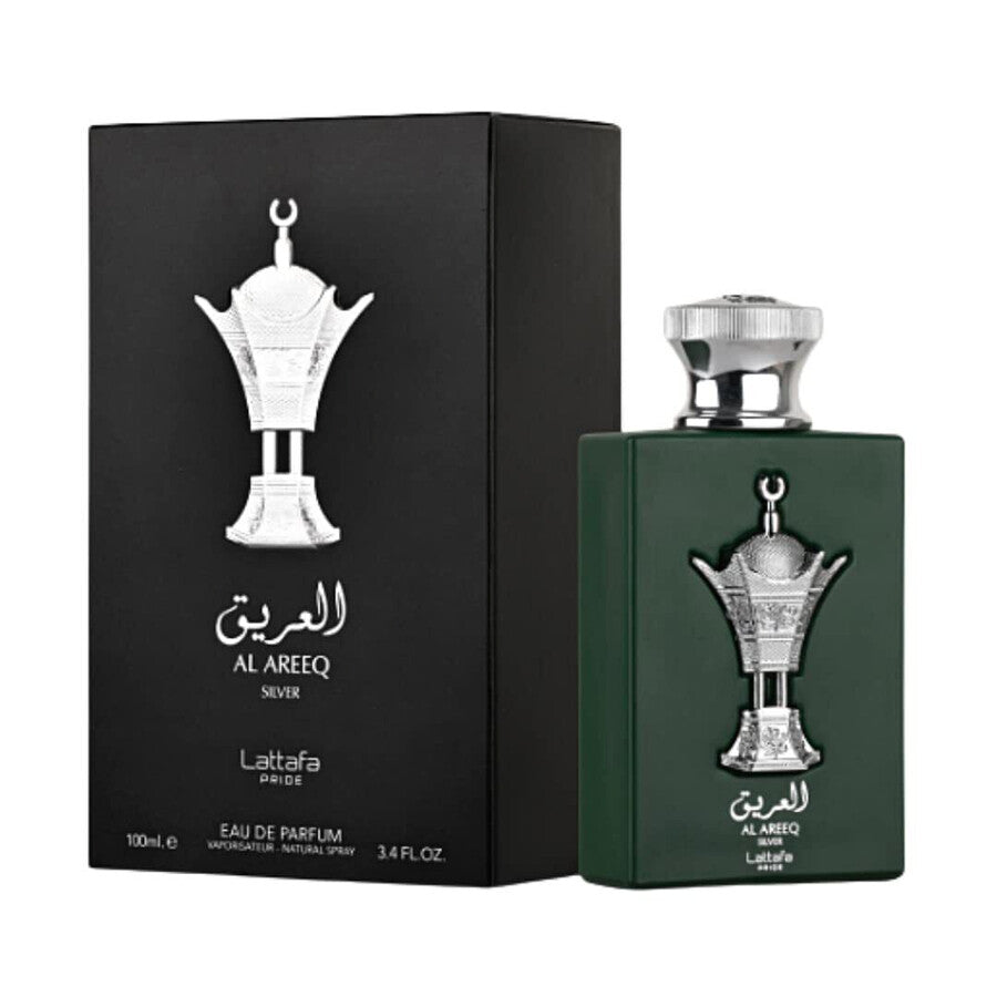 Lattafa Pride Al Areeq Silver EDP 100ml green bottle with silver emblem and black box
