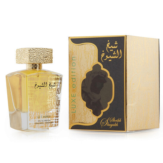Lattafa Sheikh Al Shuyukh Luxe Edition Eau de Parfum 100ml bottle and box (rich warm oriental amber woody fragrance)