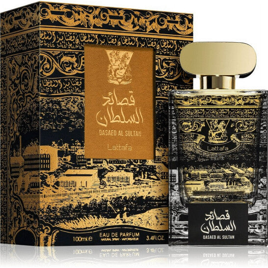 Lattafa Qasaed Al Sultan EDP 100ml perfume bottle and box in black and gold design on white background

