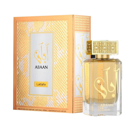 Lattafa Abaan Eau de Parfum 100ml unisex perfume bottle and box gold packaging product photo
