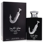 Lattafa Pride Ishq Al Shuyukh Silver EDP 100ml perfume bottle and black box with silver dagger emblem
