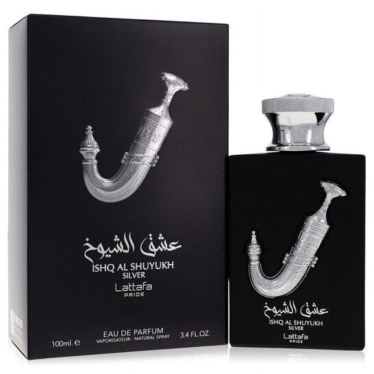 Lattafa Pride Ishq Al Shuyukh Silver EDP 100ml perfume bottle and black box with silver dagger emblem
