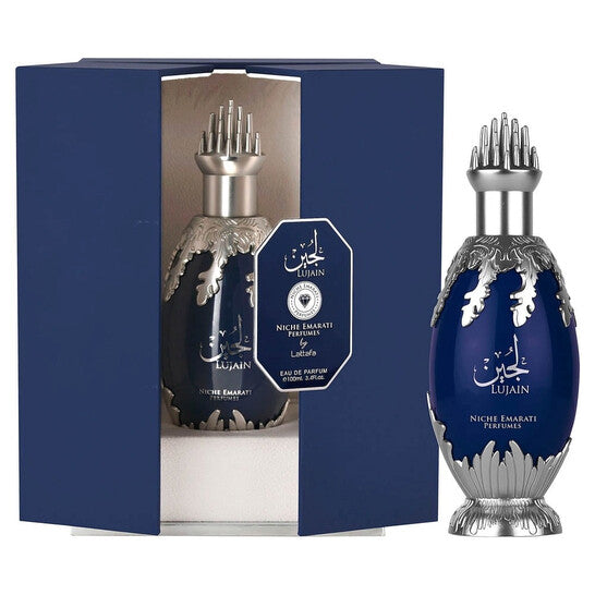 Niche Emarati Lujain Eau de Parfum 100ml bottle and box (blue and silver design)
