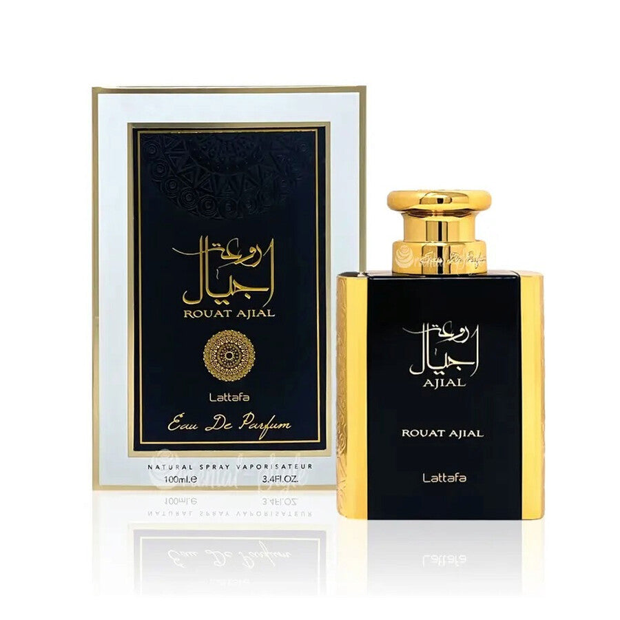 Lattafa Rouat Ajial EDP 100ml black bottle with gold details and matching box

