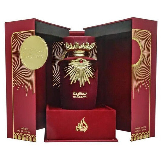 Lattafa Sakeena EDP 100ml burgundy bottle with gold details and matching box
