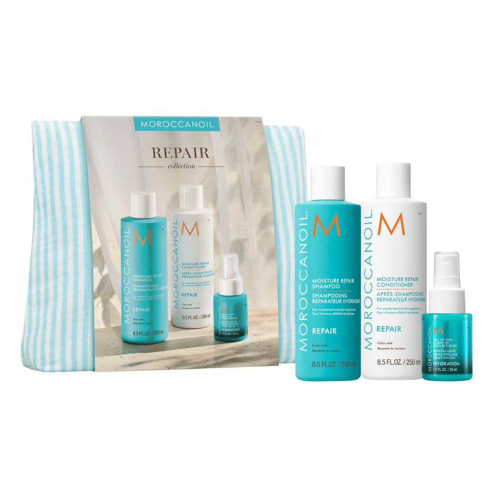 Moroccanoil Bərpaedici Saç Baxımı Dəsti 250 ml və 50 ml zədələnmiş saçlar üçün şampun kondisioner və leave-in qulluq
