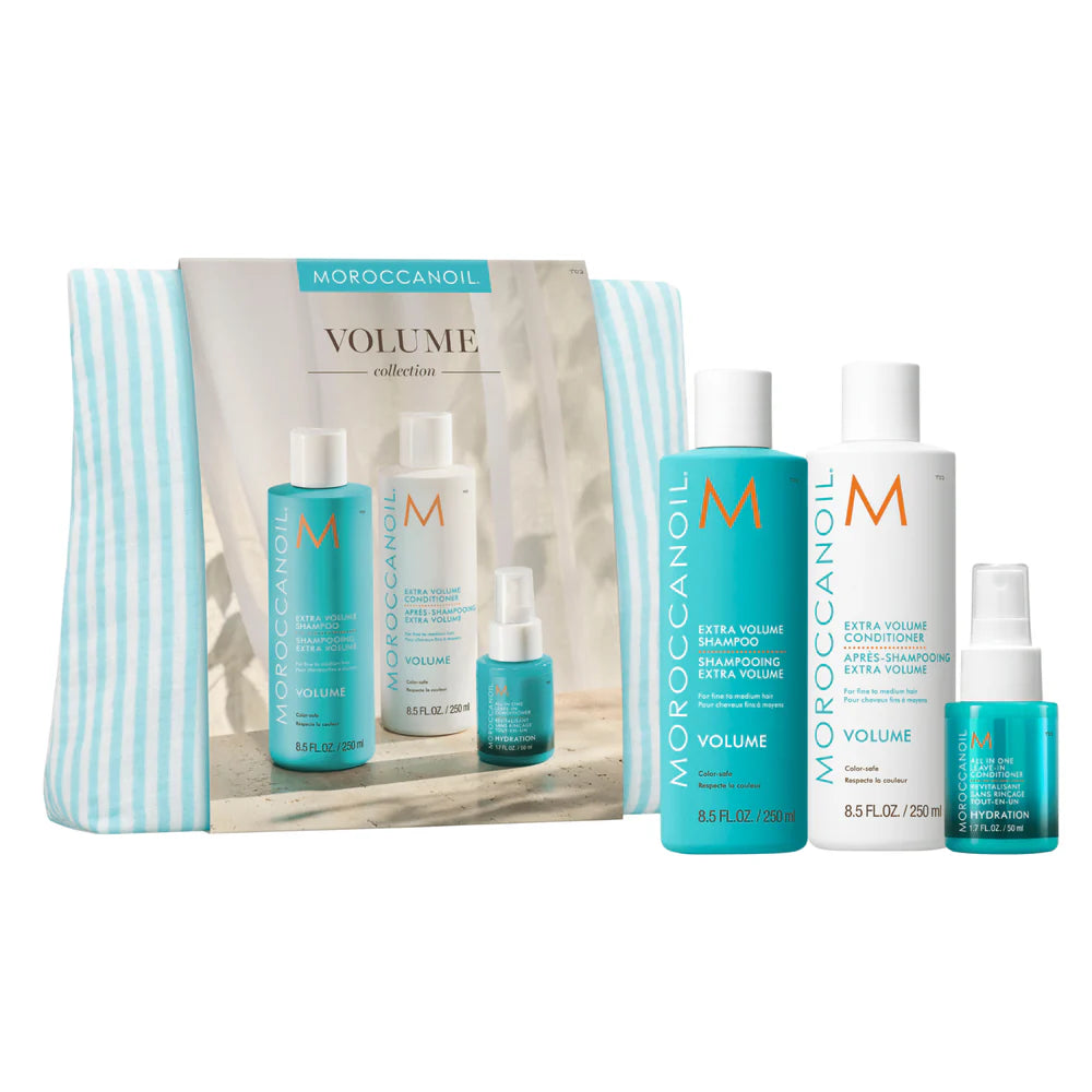 Moroccanoil Həcm Verən Saç Baxımı Dəsti 250 ml və 50 ml incə saçlar üçün şampun kondisioner və leave-in qulluq