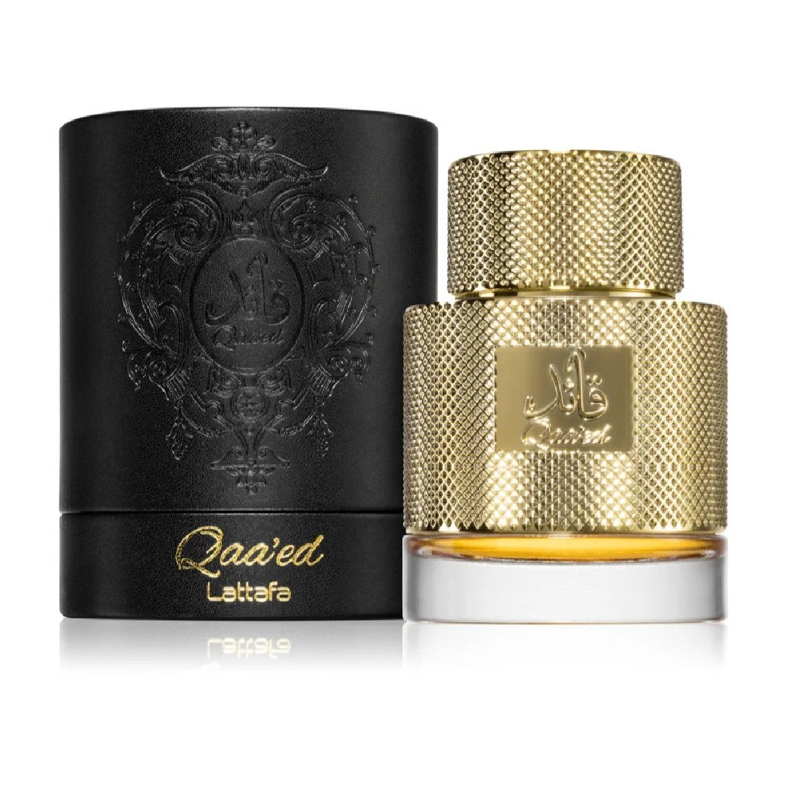 Lattafa Qaa’ed EDP 100ml gold textured bottle with black cylindrical box packaging on white background
