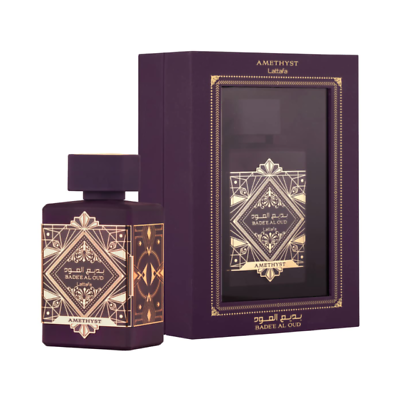 Lattafa Bade'e Al Oud Amethyst EDP 100ml perfume bottle and box
