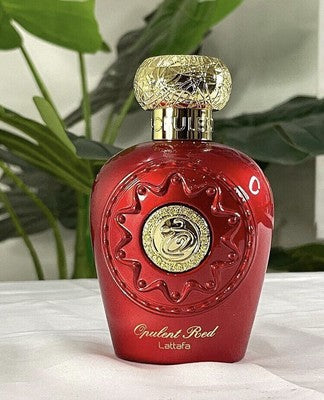 Lattafa Opulent Red EDP 100ml red bottle with gold cap and red box
