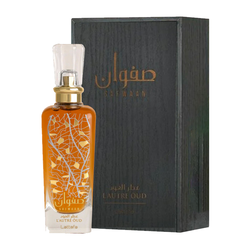 Lattafa Safwaan L’Autre Oud EDP 100ml amber-colored bottle with dark wooden-style box
